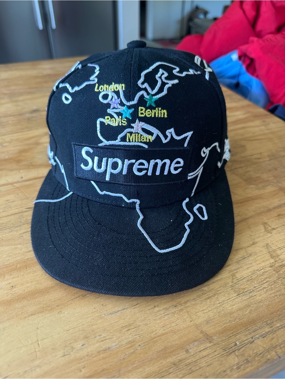 Supreme Black World Map Embroidered Cap with Colorful City Stars